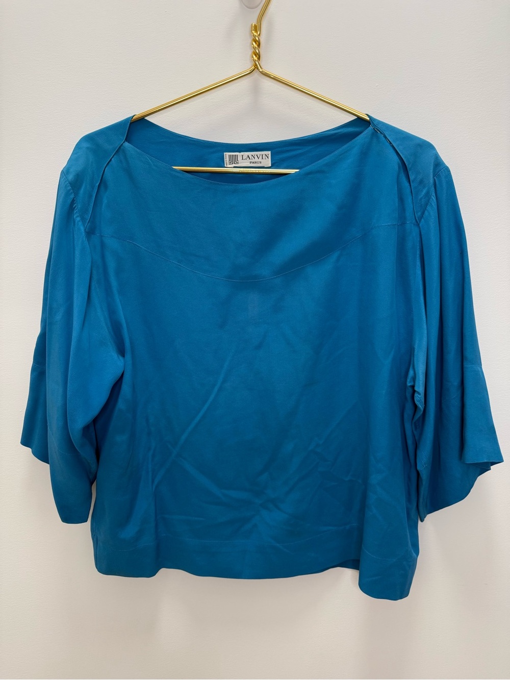 Lanvin Women's Teal Boatneck Draped Silk Top